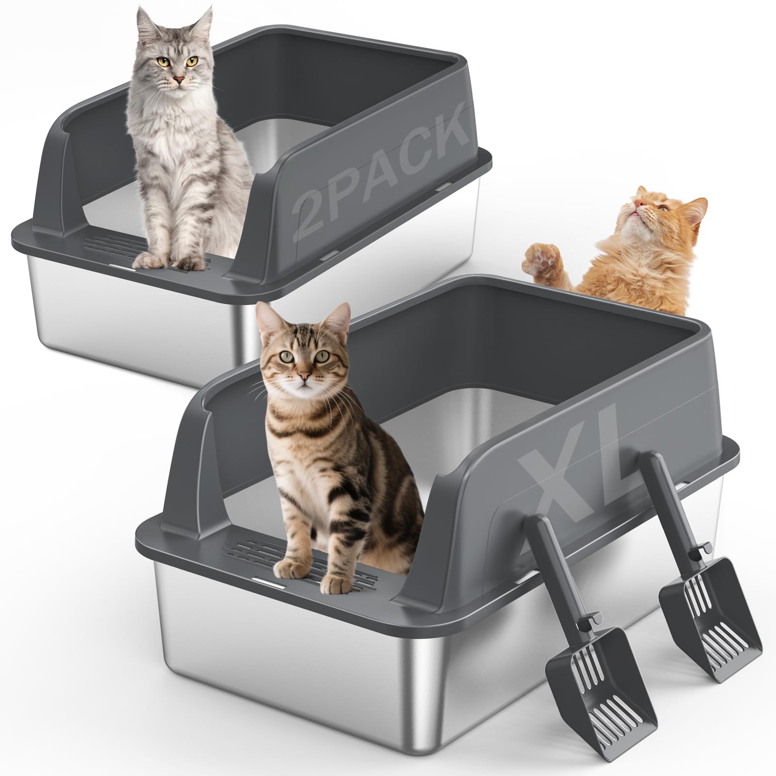Photo 1 of 2PACK Stainless Steel Litter Box, Extra Large Litter Boxes for Big Cats, XL Metal Cat Litter Box with Lid High Sides, Anti-Urine Leakage, Non-Sticky, Scoop Included