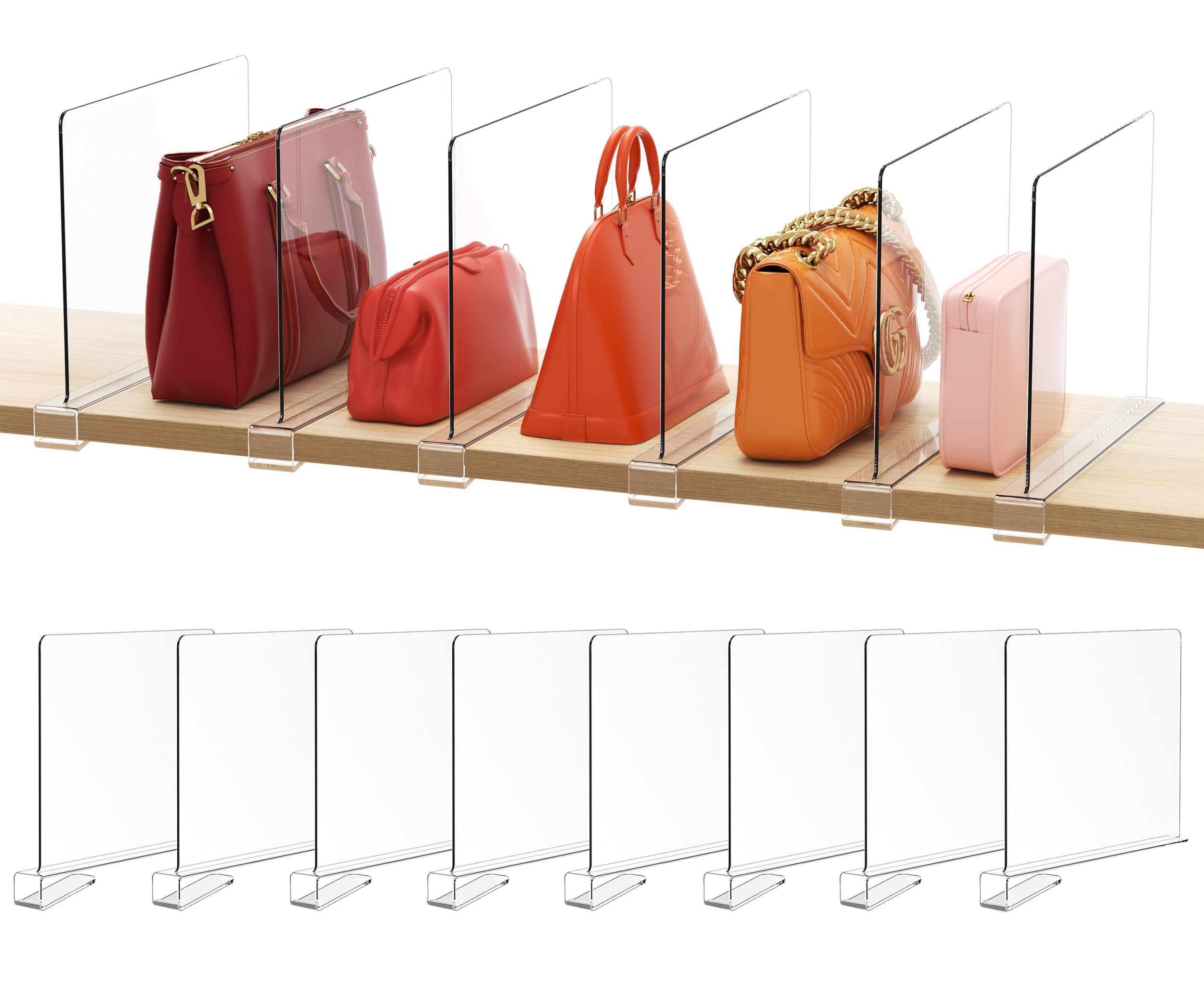 Photo 1 of HBlife 8 Pack Clear Shelf Dividers, Vertical Purse Organizer for Closet Perfect for Sweater, Shirts, Handbags in Bedroom and Kitchen, Adjustable Acrylic Bookshelf for Organization