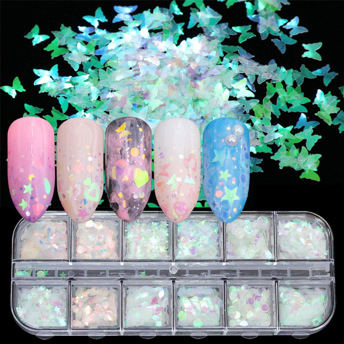 12 Boxes Holographic Iridescent Nail Sequins Mermaid Colorful Flakes Nail Art Sticker Glitter Make Up for Face Body Eyes