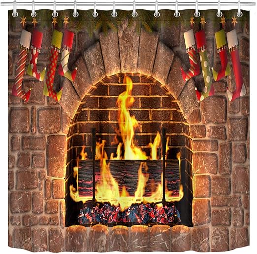 Amazon Com Lb Rustic Stone Christmas Fireplace Shower Curtain For