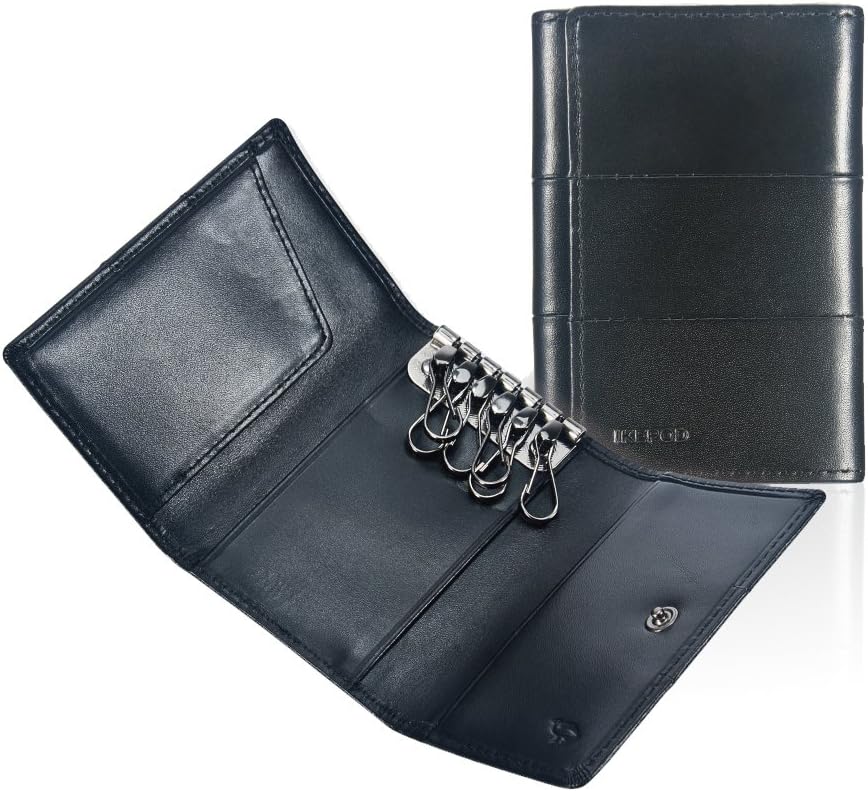 Ikepod Tri-fold Key Wallet/Holder [Full-grain Leather] 6 Hooks & 2 Card Slot - Black