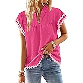 Falechay Womens Tops Summer Short Ruffle Sleeve V Neck Blouses Cute Boho Swiss Dot Lace Shirts Casual Flowy RIC Rac Trims Tee