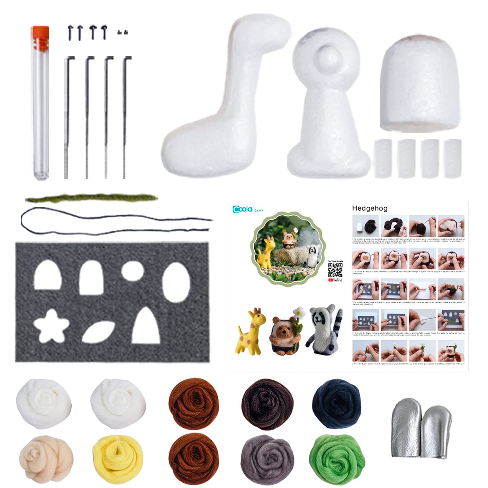 Coola Needle Felting Beginner kit - Wool for Cute Animals Kit Instruction Arts and Crafts Easy Funny Family Project Included 3 in 1 Giraffe Racoon Hedgehog Needle Felting Starter