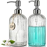 JASAI 2PACK 18 Oz Glass Soap Dispenser with Rust Proof Stainless Steel Pump, Refillable Hand Soap Dispenser with Vertical Stripe, Premium Bathroom soap Dispenser for Kitchen & Bathroom