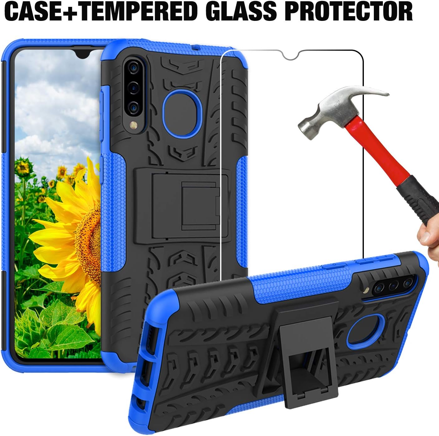 A50 Case,A50S Case,Heavy Duty Protective Cases for Samsung Galaxy A50 A50S A30 A30S A20 Protection Bumper (Tempered Glass + Blue Case)