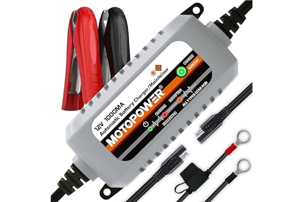 MOTOPOWER MP00205B 12V 1000mA Automatic Battery Charger, Battery Maintainer, Trickle Charger, and Battery Desulfator with Tim