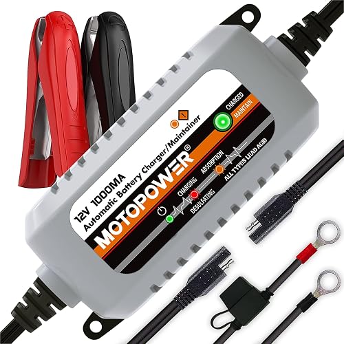 MOTOPOWER MP00205B 12V 1000mA Automatic Battery Charger, Battery Maintainer, Trickle Charger, and Battery Desulfator with Timer Protection