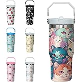 Xchearser Tumbler with Handle and Flip Straw for Women Men, 30oz Cute Cat Stainless Steel Insulated Cup, Water Bottle Travel Coffee Mug, Gifts for Animal Lovers