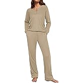 Ekouaer Waffle Knit Pajamas for Women Set Long Sleeve Pants Pj Henley Tops Lounge Sets Comfy Sleepwear with Pockets