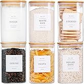 CZZGSM 6 Pack Square Kitchen Storage Jars with Airtight Bamboo Lids and 132 Pantry Labels - 35oz Glass Canisters With Wood Lids - Food Storage Containers for Coffee, Cookie, Tea, Spice