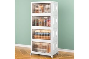 WISE OANNES 4 Tier Storage Bins with Lids, 23QT Stackable Closet Organizers and Storage with Wheels, Collapsible Storage Boxes, Foldable Plastic Storage Containers for Home,Office, Dorm Room-White