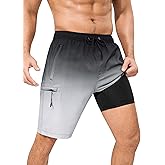 SILKWORLD Mens Swim Trunks with Compression Liner Quick Dry 9" Bathing Suit Summer Beach Swimming Shorts with Zip Pockets