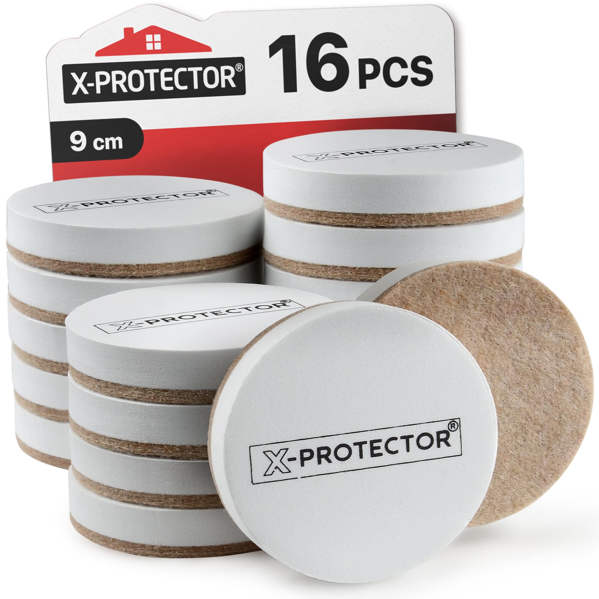 Felt Furniture Sliders for Hardwood Floors 16 PCS 9 CM X-PROTECTOR - Floor Protectors for Furniture Legs – Heavy Duty Furniture Movers – White Felt Pads - Move Your Furniture Easily & Safely! — image 1