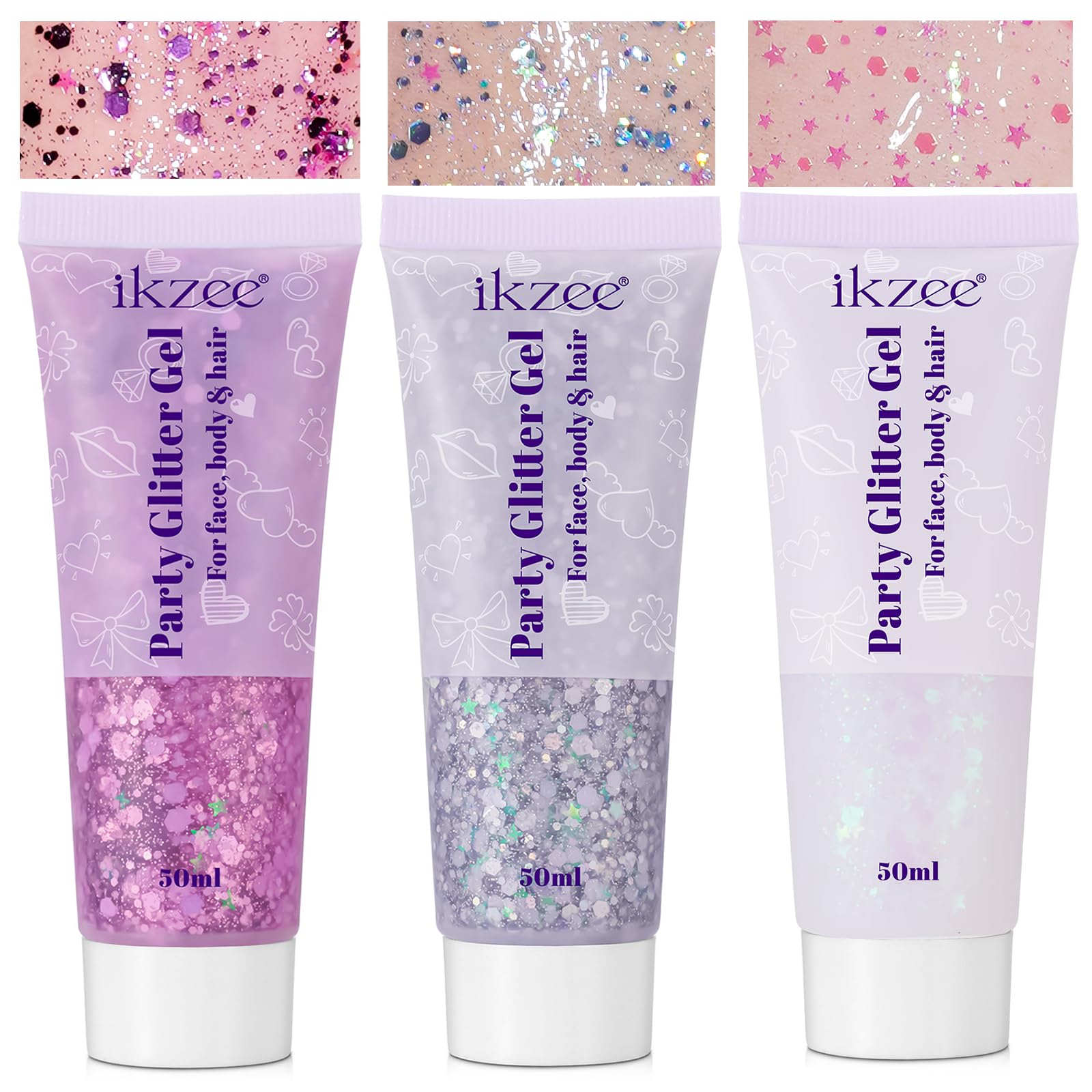 Body Glitter Gel 3PCS, 50ml Mermaid Silver Pink Face Hair Glitter Gel Sequins Shimmer Liquid Eyeshadow, Liquid Holographic Glitter Gel, Chunky Glitter for Music Festival, Parties, Performances, Stages