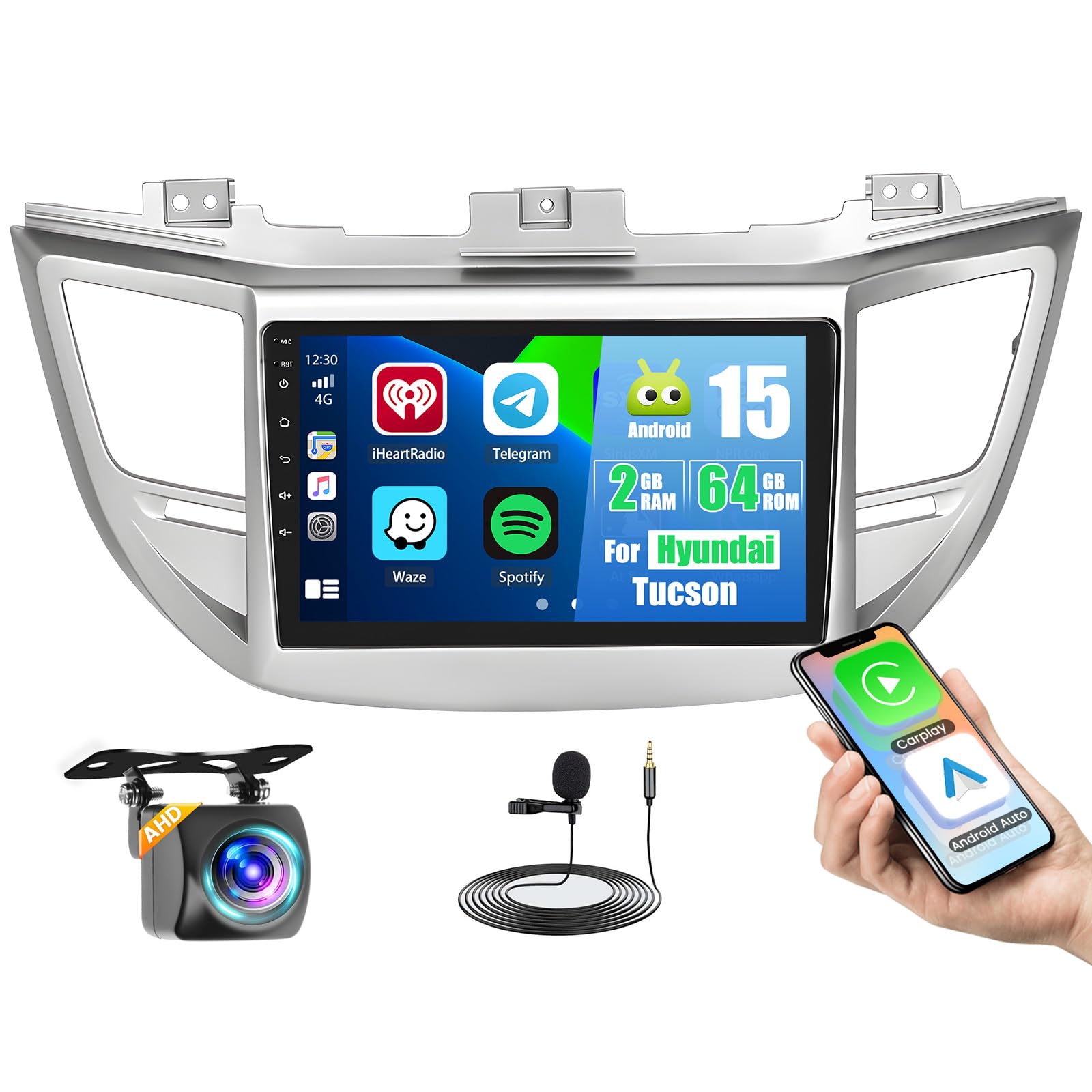 Photo 1 of 2+64G Upgrade Android 15 Car Stereo for Hyundai Tucson 2015 2016 2017 2018 with Wireless Carplay Android Auto, 9'' Touch Screen Car Radio Bluetooth WiFi GPS EQ SWC FM RDS Dual USB