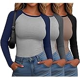Locoowai 3 Pack Women's Long Sleeve Shirts Fitted Color Block Baseball Tee Raglan Crew Neck Layering Tops
