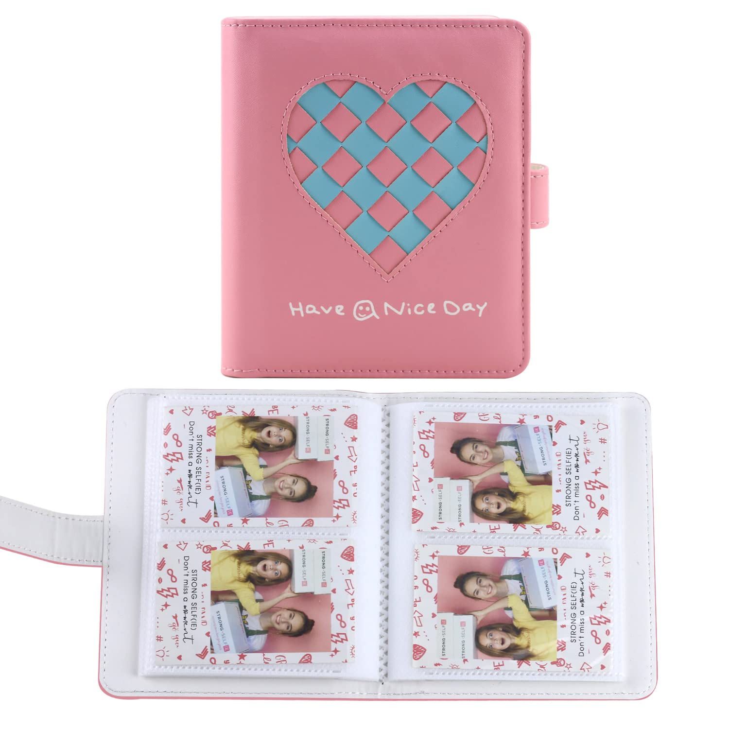 Phoebe 2 * 3 Inch PU Photo Album 64 Pockets Heart Weave Collectbook for Fujifilm Instax Instant Mini Flim/2 * 3 Inch Photo (Dark Pink)
