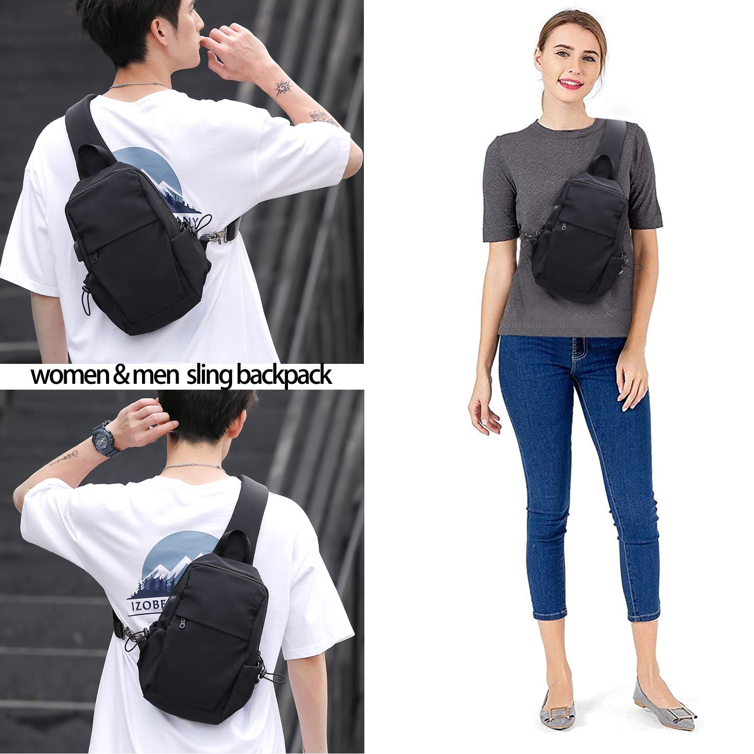 Small Black Sling Crossbody Backpack Shoulder Bag for Men Women, Lightweight One Strap Back Pack Sling Bag Backpack for Hiking Walking Biking Travel Cycling USB Charger Port-Nylon