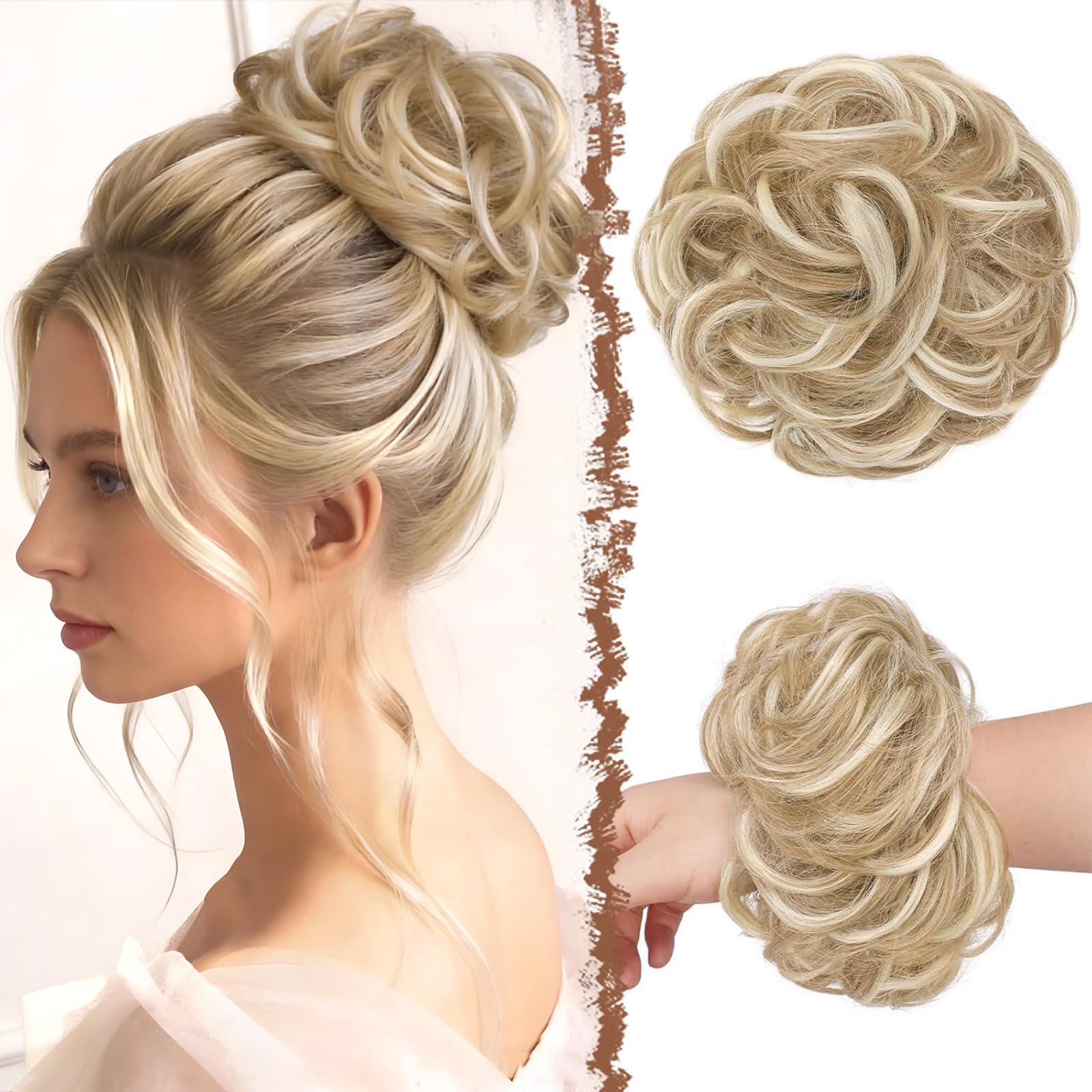 FESHFEN Messy Bun Hair Piece Hairs Scrunchies Thick Curly Wavy Pony Tail Synthetic Accessories Donut Updo Hairpieces for Women Girls 55g, Light Ash Brown & Bleach Blonde