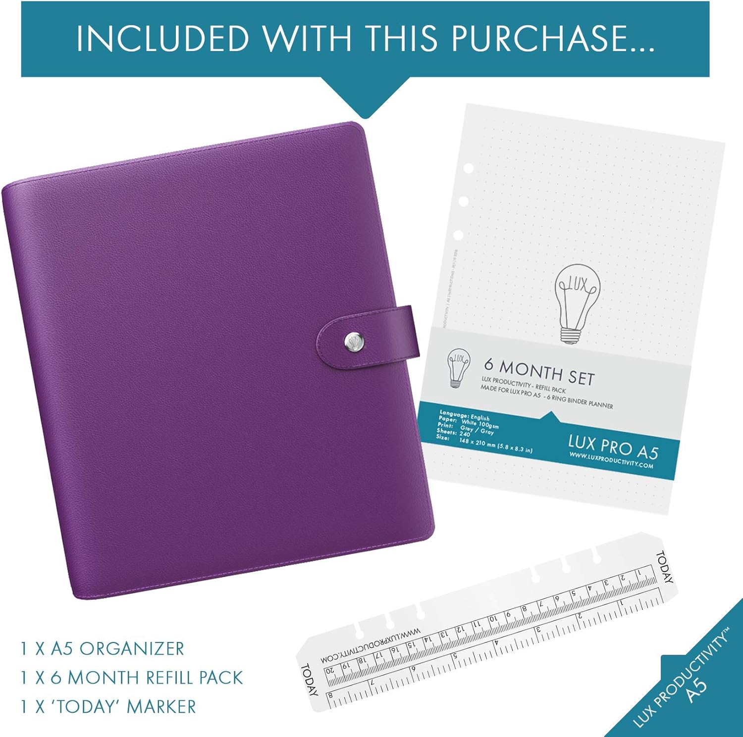 LUX Productivity PRO A5 Planner – Best Undated Diary Task Organizer with Daily Schedule & Reflection Journal - Manage Time/Projects/Finances/Goals/Gratitude/Happiness- (Purple) : Office Products