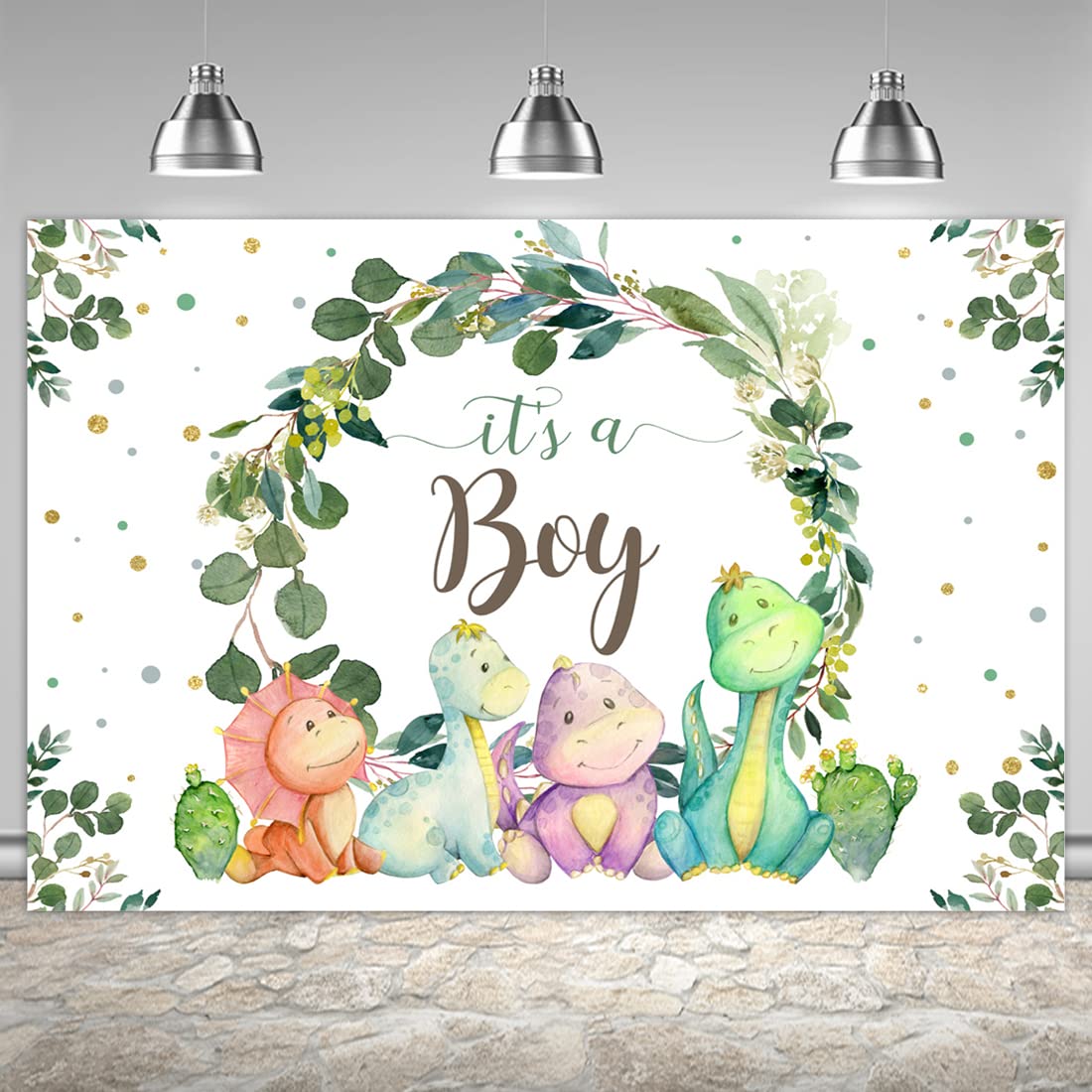 Photo 1 of 6x4ft It's a Boy Backdrop Baby Shower Cartoon Dinosaur Cactus and Eucalyptus Leaves Photography Background Kids Party Supplies Cake Table Decor Banner Photobooth Props Gift Favors