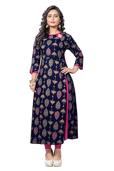 Navabi Export Womens Rayon Printed Navy Blue Color Kurtis (VF-KU-188)