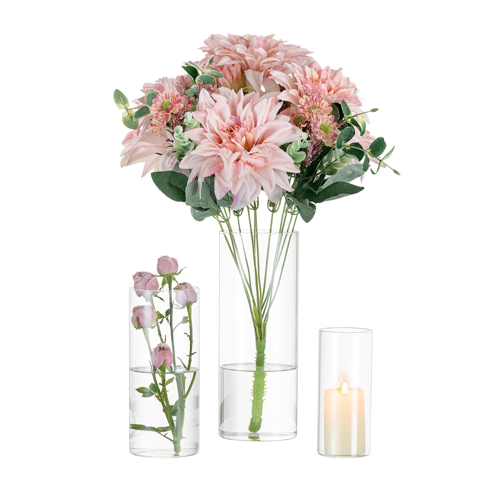 Glasseam Cylinder Glass Flower Vase Clear, 3Pcs/Set Modern Basic Vases for Table Decoration Wedding Centrepieces Flowers Roses Pampas Grass Candle Holders for Living Room Ornaments, 15/20/25cmTall