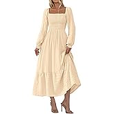 BTFBM Women Maxi Fall Dresses 2025 Long Sleeve Solid Color Square Neck Smocked Boho Long Wedding Guest Dress