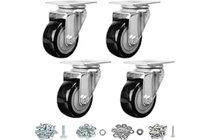 Finnhomy 3 Inch Swivel Casters Wheels Set of 4 Heavy Duty Plate Casters Premium Polyurethane PU Wheels for Furniture/Workbench Load Bearing 2,200 Lbs Anti-wear Smooth Casters Black (Free Screws)