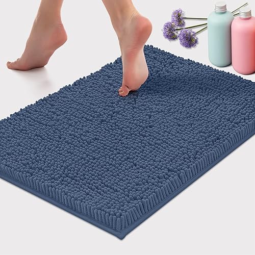 LuxUrux Bath Mat-Extra-Soft Plush Bath Shower Bathroom Rug, 1'' Chenille Microfiber Material, Super Absorbent Shaggy Bath Rug (Medium Blue, 42 x 60 cm)