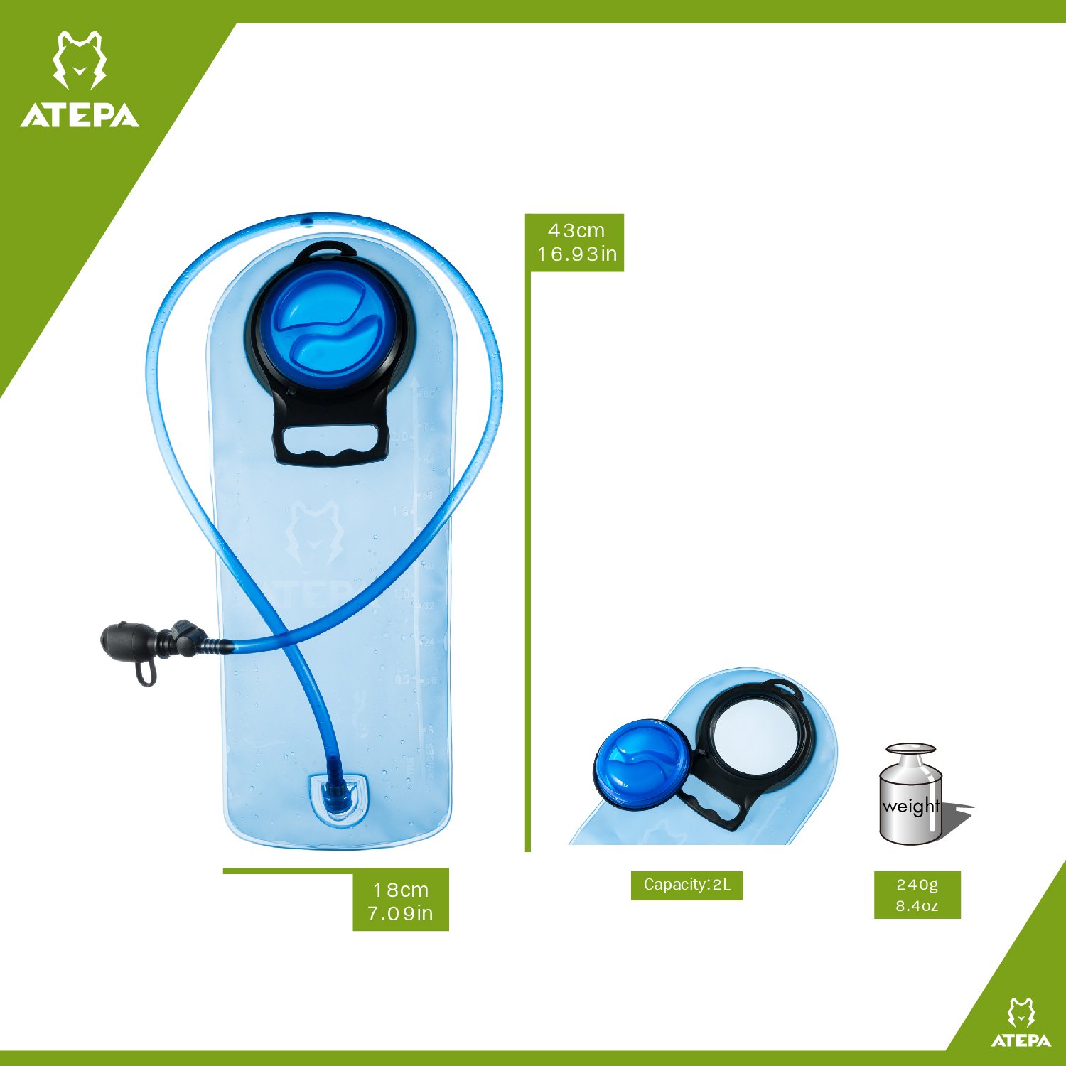 ATEPA Tasteless 2 Liter Hydration Bladder, Thick TPU antibacterial material, Large Opening, Quick Release Tube