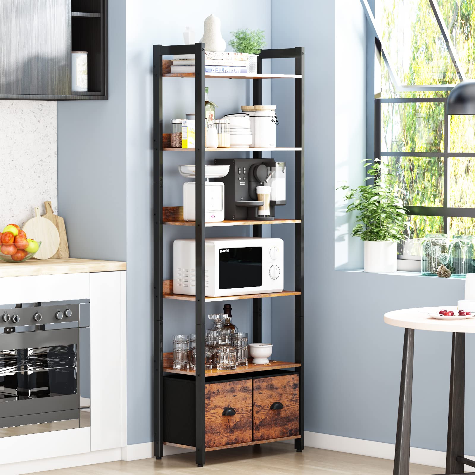 Furologee 6Tier Bookshelf, Tall 71" Rustic Bookcase with 2 Drawers