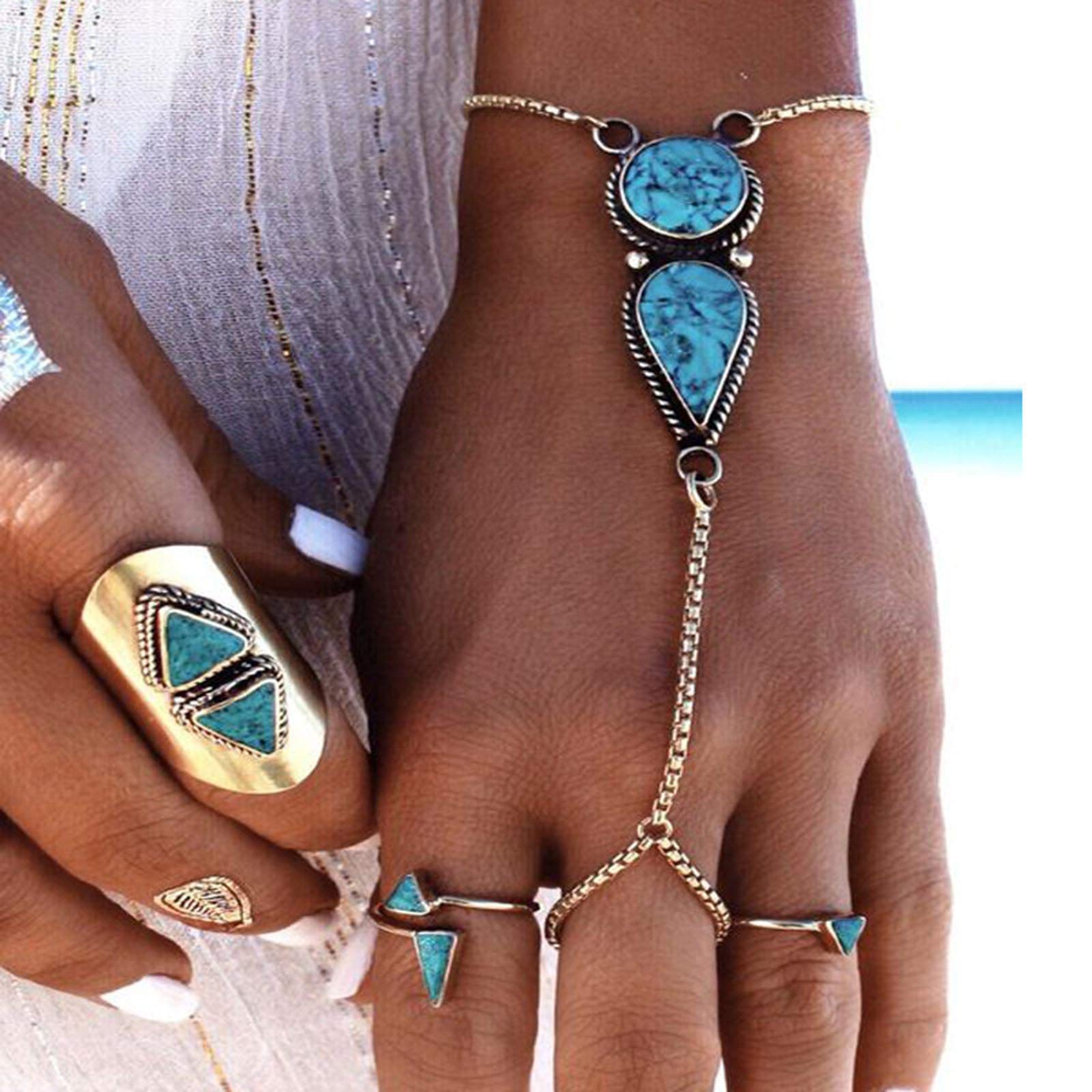 TseenYi Turquoise Finger Ring Bracelet Silver Wrist Finger Bracelet Boho Slave Chain Bracelet Hand Harness Chain Jewelry for Women and Girls
