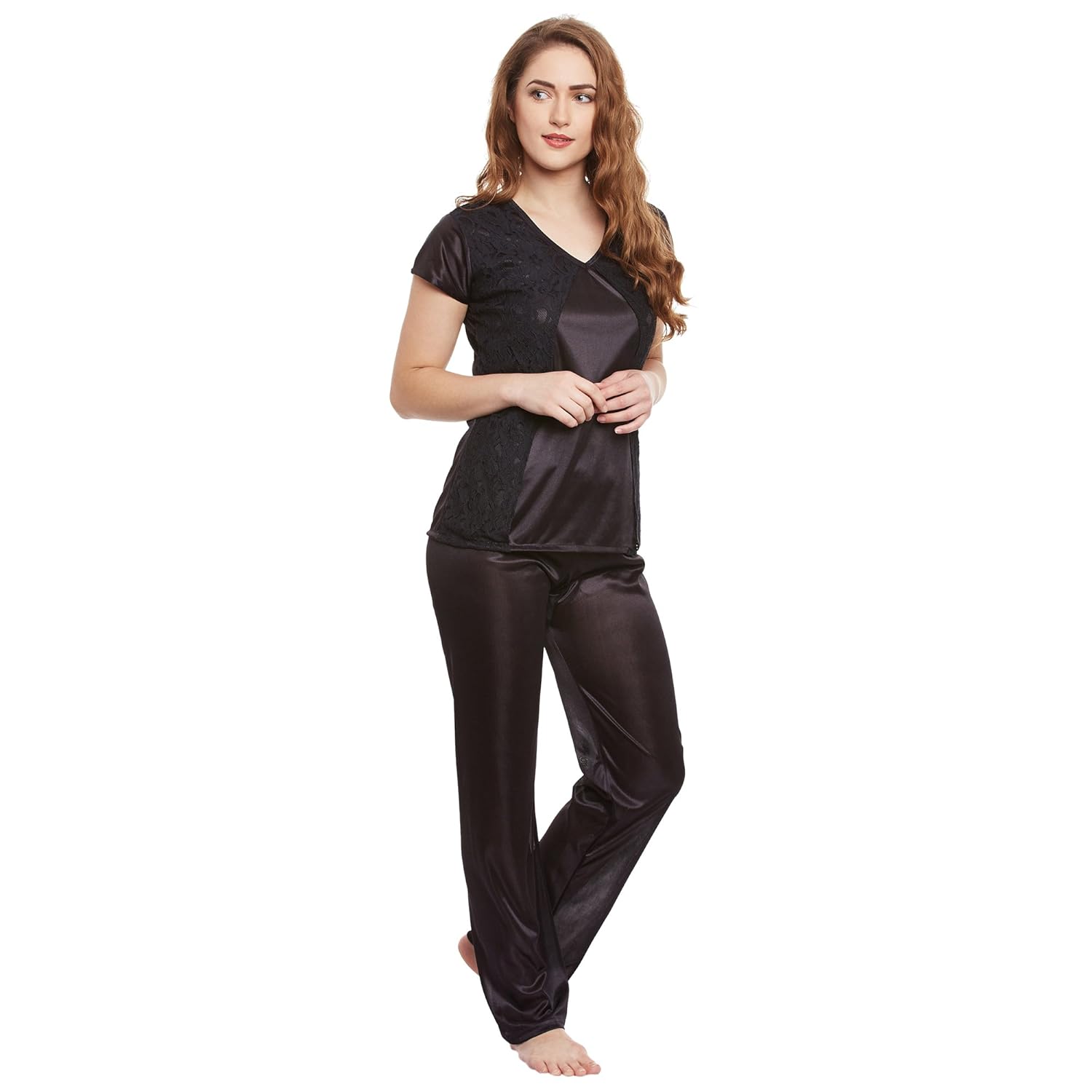 claura stylish women satin night suit with lace work pyjama set