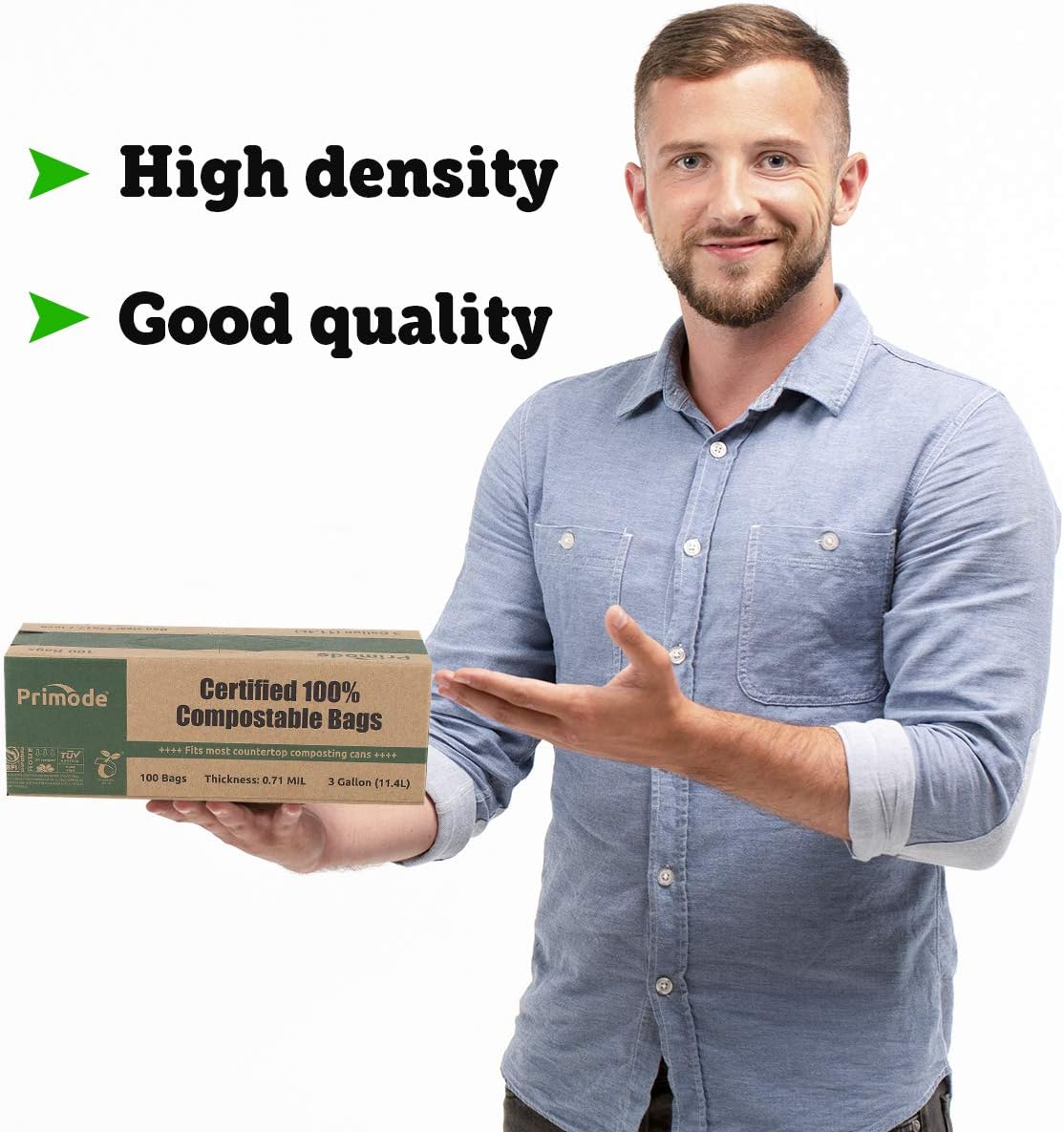 Primode 100% Compostable Bags, 3 Gallon Food Scraps Yard Waste Bags, 100 Count, Extra Thick 0.71 Mil. ASTMD6400 Compost Bags Small Kitchen Trash Bags, Certified By BPI And TUV: Health & Personal Care