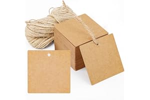 Segarty Gift Tags with String, 100 PCS Square Craft Gift Tags, Brown Tag with 65 Feet Jute Twine, Thick Kraft Paper Blank Hang Tags Wish Tag for Gifts Wrapping, Craft Project, Xmas Gift, Wedding Bag
