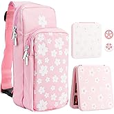 RHOTALL Pink Travel Bag for Nintendo Switch/Lite/OLED/2 ,Large Capacity Portable Carrying Case Compatible for Chest Shoulder Accessories Storage Backpack with12 Slots Game Case,Thumb Grip Caps-Sakura