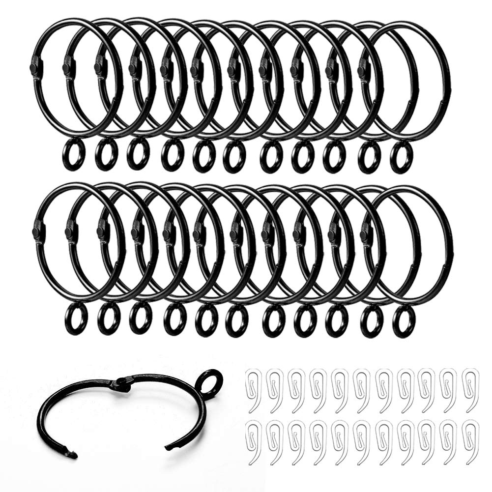 Curtain Rings and Hooks, 22 pcs 38mm Internal Diameter and Plastic Curtain Hooks, The Can Be Opened and Closed，for Hanging Rings Curtains and Rods (Black-22 Pcs)
