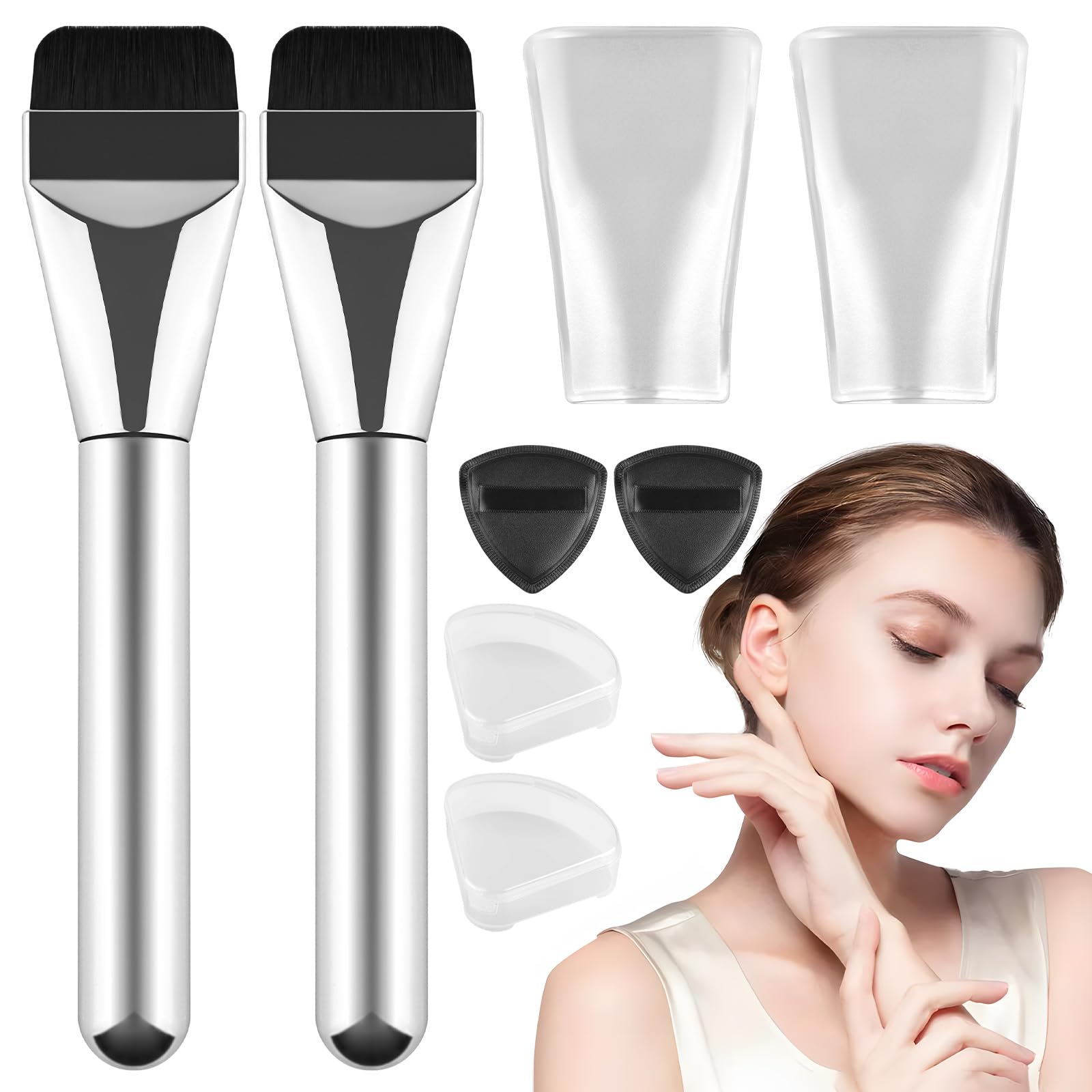 2 Pieces Ultra Thin Foundation Brush, Flat Foundation Brush, Makeup Brush Set with 2 Powder Puffs, Reusable Concealer Brush for Creamy, Foundation, Concealer