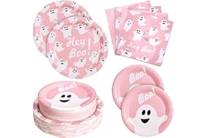 Osonm 180Pcs Halloween Party Supplies Serve 60,Pink Ghost Paper Plates and Napkins Disposable Dinnerware Kit,for Trick or Treat Birthday Party Decorative