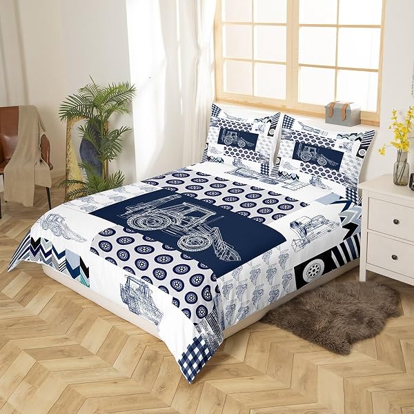 FEELYOU KIDS CONSTRUCTION BEDDING SET TWIN SIZE EQUIPMENT TRUCKS DUVET COVER FOR BOYS CARTOON CAR EXCAVATOR TRACTOR COMFORTER COVER SET CONSTRUCTION VEHICLES PLAID GRID BLUE AND WHITE BEDSPREAD COVER