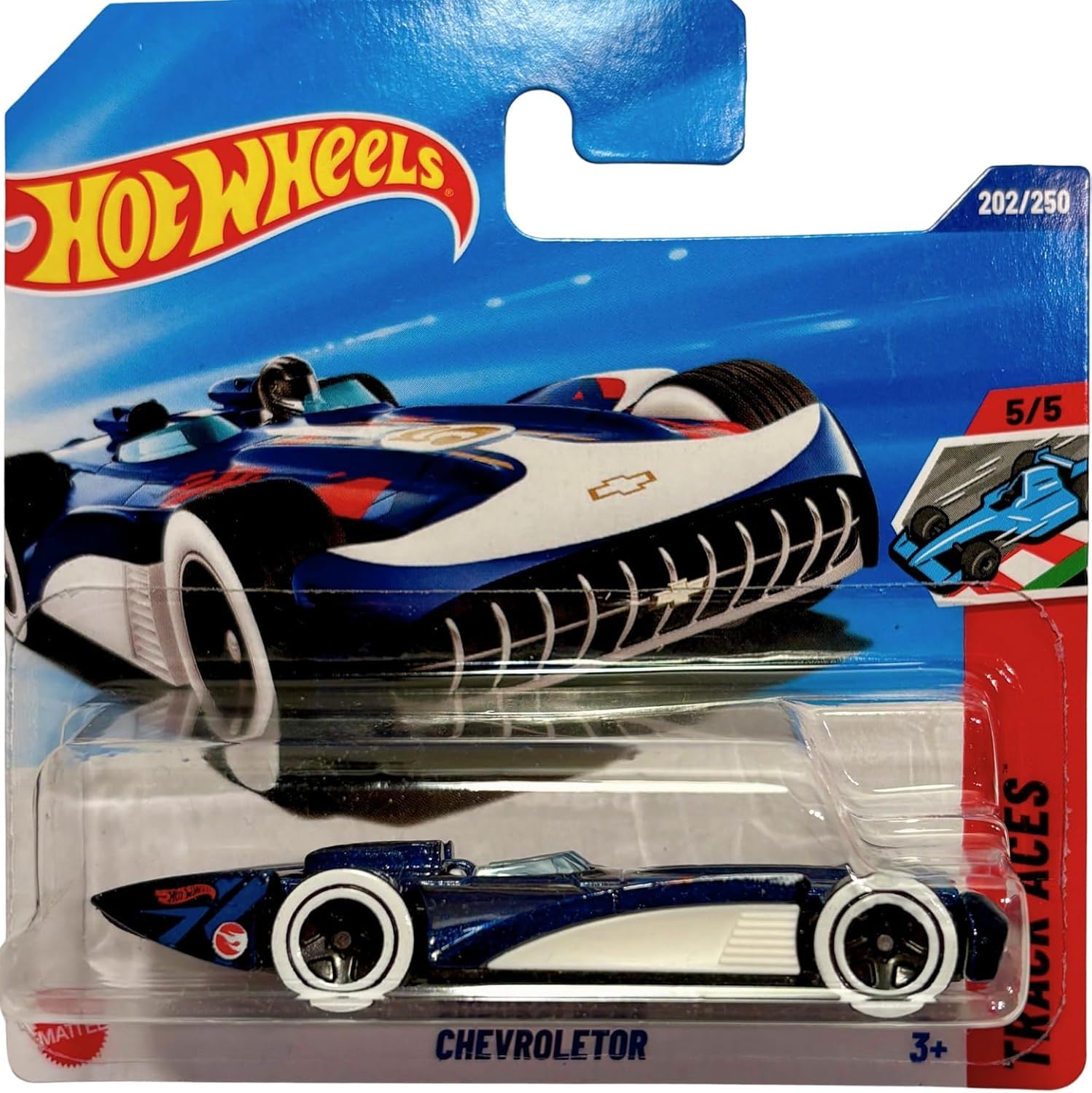 Hot Wheels - Chevroletor - JBC29 - Track Aces 5/5 - Blue Racing Car in 1:64 Scale, Officially Licensed GM Model - Mattel 2025 (202/250)