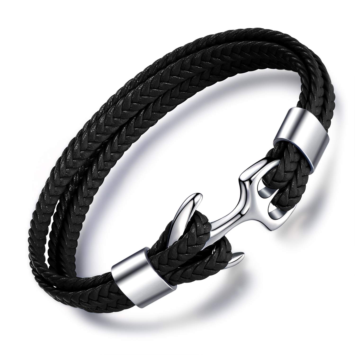 Unendlich U Mens Boys Bracelet, Cowhide Leather Braided Bracelet, Multi-Layer Wrap Bangle, Vintage Metal Anchor Buckle, 8.86"