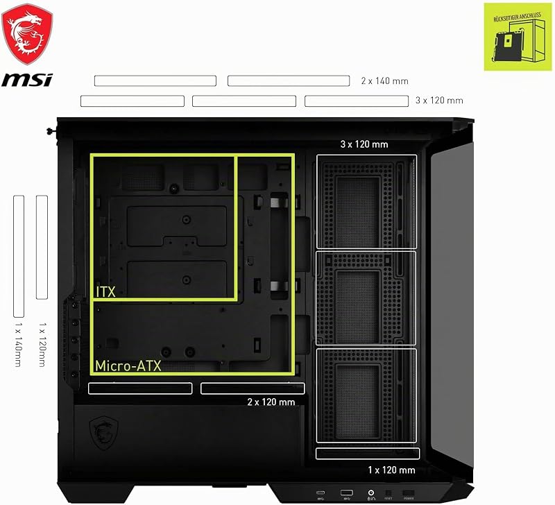 MAG PANO M100L PZ ATX PC-Gehäuse, GPU-Support-Ständer, Füllstandsanzeige, Staubfilter, 33 mm Kabeldurchlass, USB Typ-C (20Gbps)