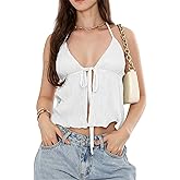 Women Halter Tie Front Tank Tops Y2k Split Flowy Cami Shirt Backless Sexy Going Out Crop Tops