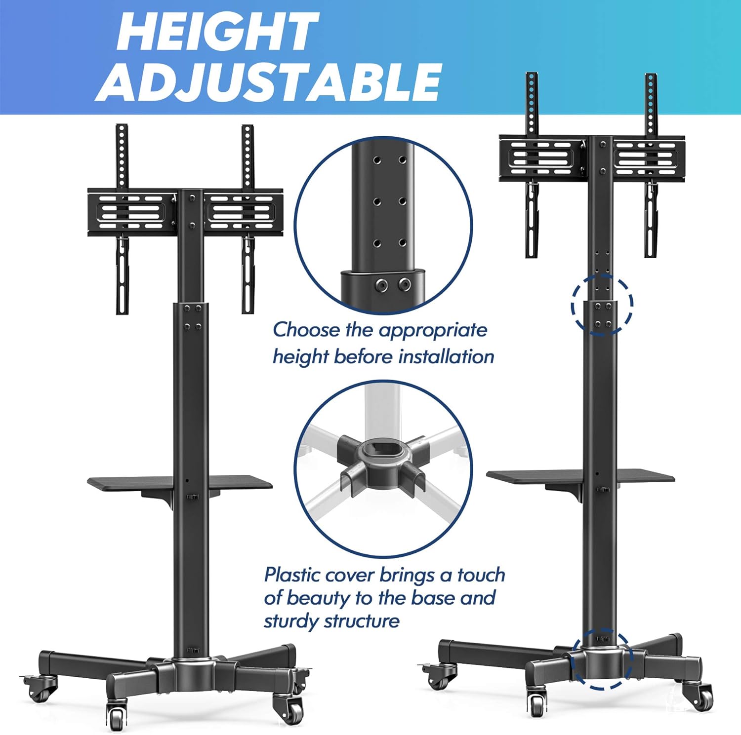 FITUEYES Mobile TV Stand with Wooden Laptop Shelf Rolling TV Cart for 27”-55” LCD LED Plasma Flat Screens Holds Up to 66lbs Height Adjustable Mount on Wheels, TC205501MB : Office Products