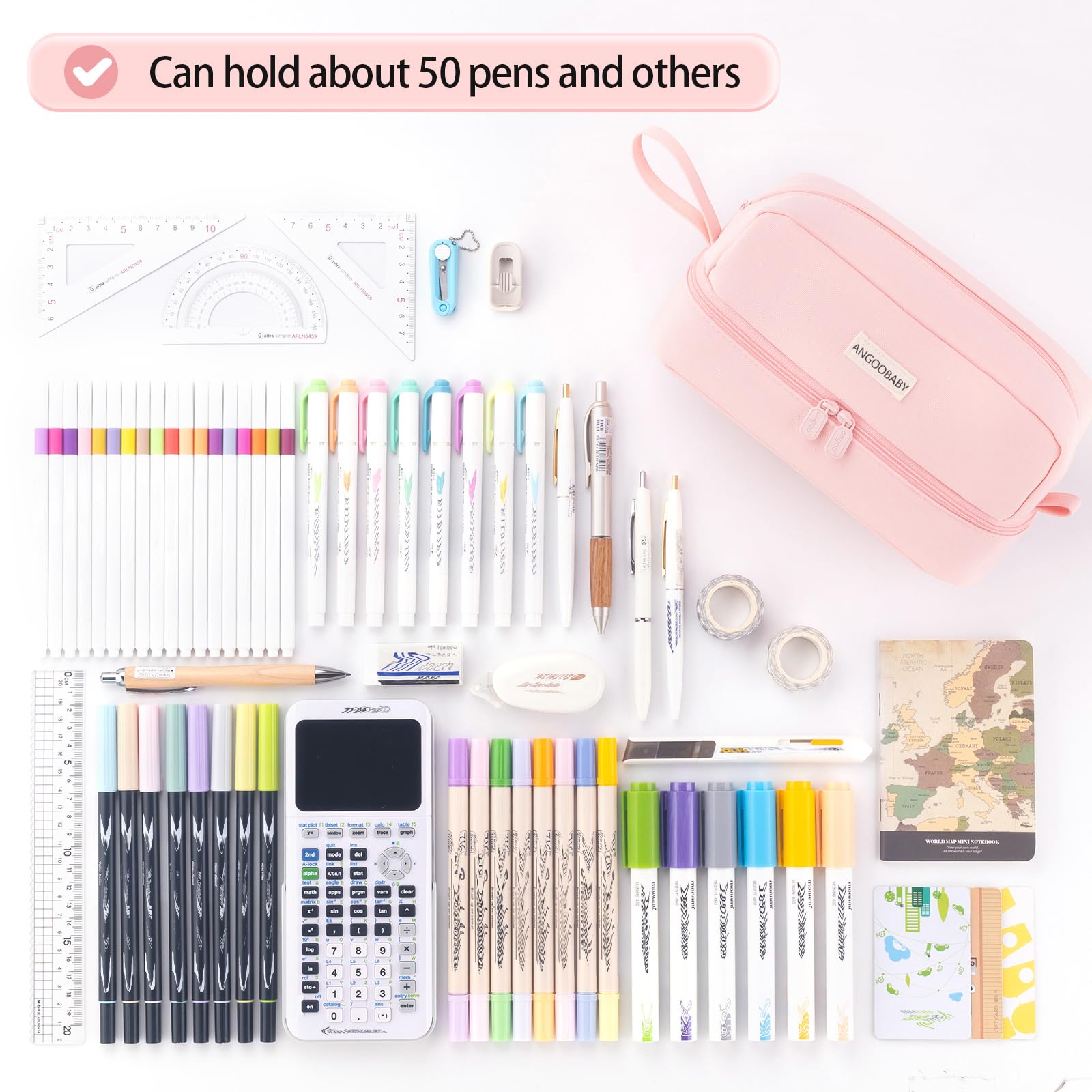 ANGOOBABY Big Capacity Large Pencil Case Canvas Pen Pouch Bag with 2 Compartments for Girls Boys Teen School Students Adults - Pink