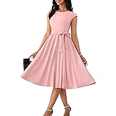 Nmoder Cocktail Summer Elegant Fit and Flare Dresses for Women Vintage Tea Party Cap Sleeve Dresses with Belt & Pockets Pink 2XL
