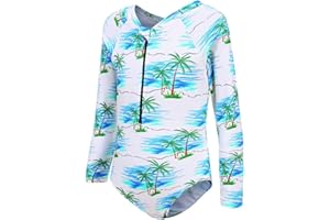 MARDONSKEY Girls Long Sleeve Rash Guard One Piece Swimsuit Kids UPF 50+ Sun Protection Swimwear Rainbow Striped Bathing Suit 3-14 Years