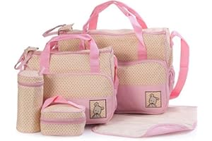 5Pcs Baby Diaper Bag Suits Mom Baby Bottle Holder Mother Mummy Stroller Maternity Nappy Bags Sets, Pink, Medium